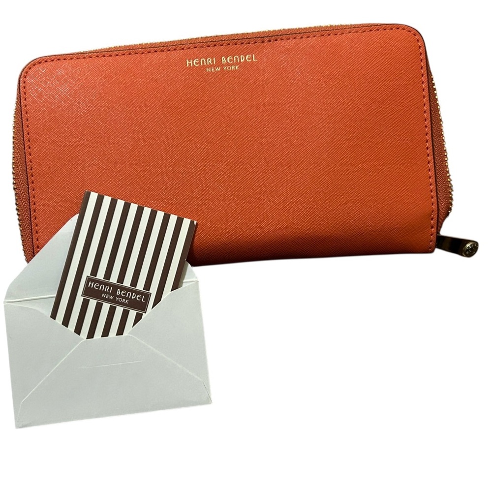 Henri Bendel Zip Around Wallet Orange Saffiano Leather - Picture 9 of 10